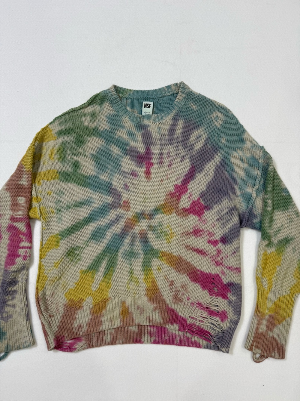 NSF Clothing Distressed Spiral Tie-Dye Knit
Crewneck Sweater.-small
